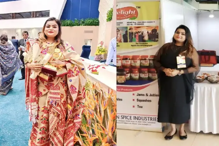 প্ৰধানমন্ত্ৰীৰ বঁটা প্ৰদান অনুষ্ঠানত আলিমুন নেছা; দ্বিতীয় ছবিত এ এন স্পাইচ ইণ্ডাষ্ট্ৰিজৰ বিপনীত মহিলা উদ্যোগীগৰাকী