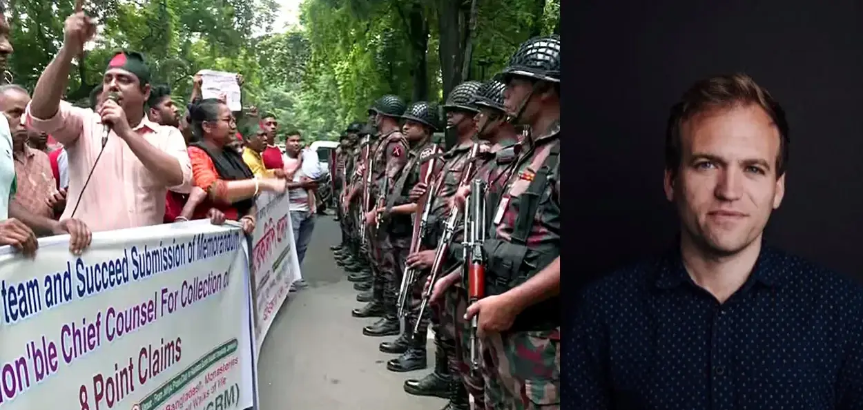 বাংলাদেশৰ সংখ্যালঘু সদস্যৰ ঢাকাত প্ৰতিবাদ (বাওঁফালে) আৰু ইউএছচিআইআৰএফৰ প্ৰাক্তন আয়ুক্ত জনী মূৰ