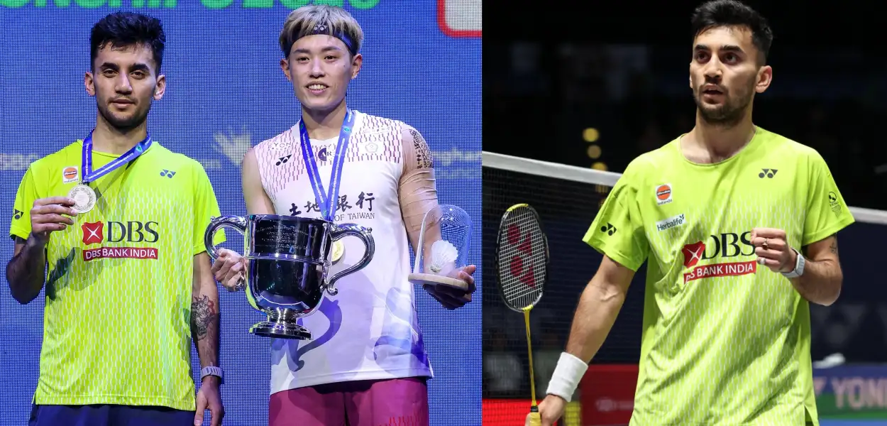 লক্ষ্য সেন আৰু লিন চুন-ই পদকৰ মঞ্চত; (সোঁফালে) লক্ষ্য সেন খেলৰ সময়ত