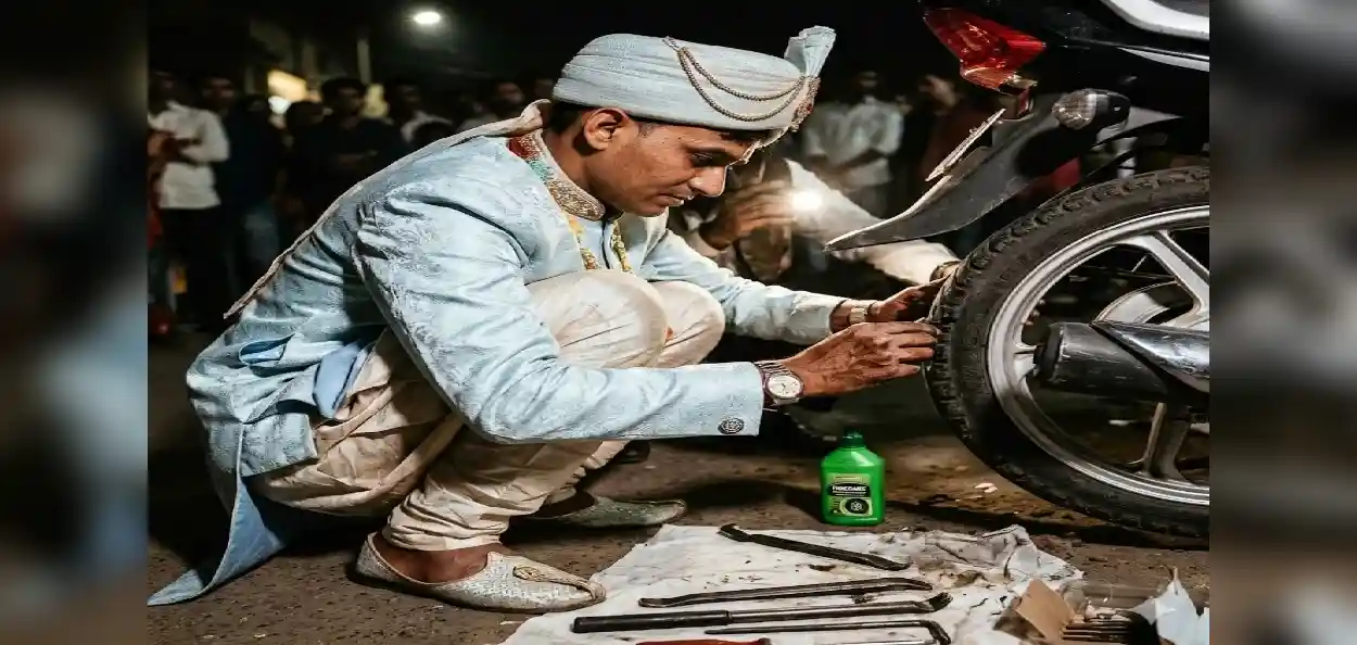 বিয়াৰ সমদল এৰি মাজৰাস্তাত বিপদত পৰা যুৱকৰ বাইক মেৰামতিত নামিল দৰা