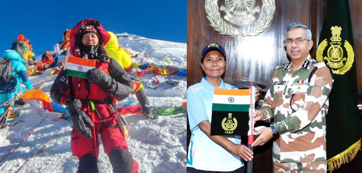 ৰূপামণি গড় এভাৰেষ্টৰ শিখৰত; (সোঁফালে) দিল্লীৰ ITBPৰ মুখ্য কাৰ্যালয়ত অভিযানৰ ফ্লেগ অফৰ সময়ত ভনীতা তিমুংপি