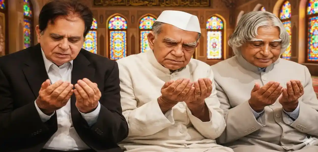 ড০ এ পি জে আব্দুল কালাম, দিলীপ কুমাৰ আৰু হামিদ আনছাৰীয়ে কিয় মছজিদৰ পিছৰ শাৰীত নামাজ পঢ়িছিল (AIৰ দ্বাৰা নিৰ্মিত ছবি)