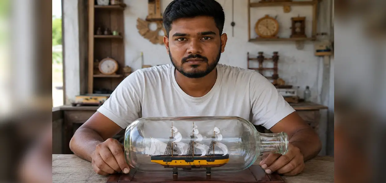 কাঁচৰ বটলৰ ভিতৰত নিৰ্মান কৰা কাঠৰ জাহাজ