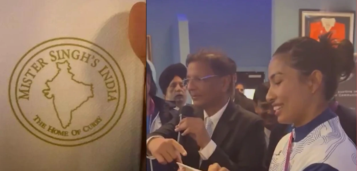 Mister Singh’s India-ৰ নেপকিন; (সোঁফালে) লাভলীনা বৰগোহাঁইয়ে মানচিত্ৰত ভুলৰ প্ৰতি দৃষ্টি আকৰ্ষণ কৰাইছে
