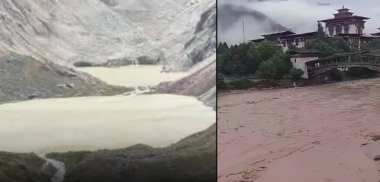 শিন্তাফু হ্ৰদ; আৰু (সোঁফালে) ভূটানৰ নদীত জলপৃষ্ঠ বৃদ্ধি